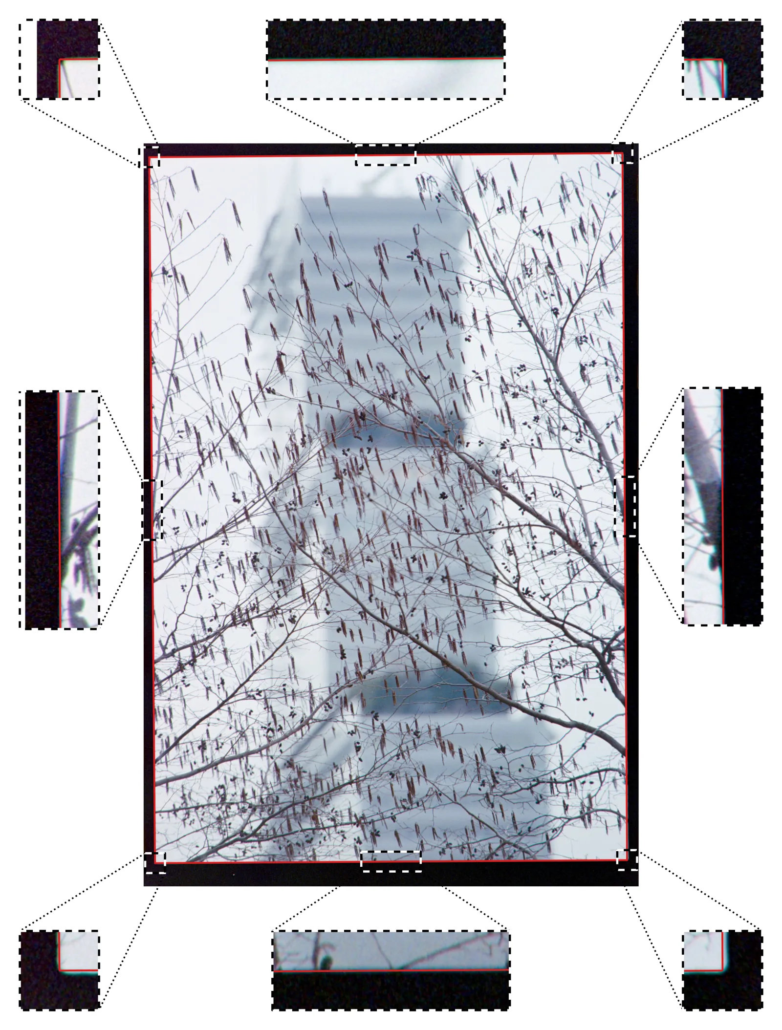 Autocrop example on an image, with zoomed in edges and corners view showing off the accuracy of the method